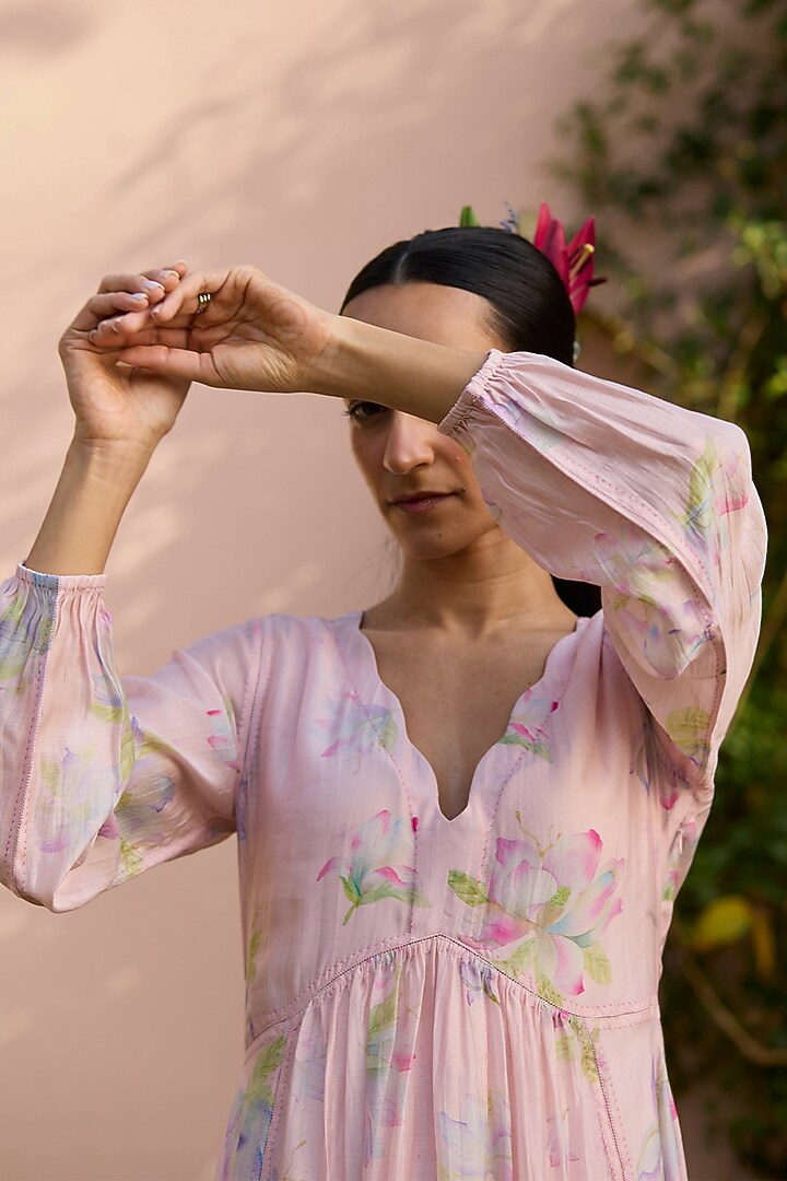 Soft Pink Handwoven Silk Modal Floral Printed Maxi Summer Dress by Surmaye at Pernia's Pop Up Shop