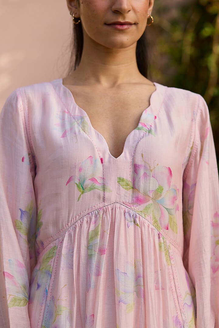 Soft Pink Handwoven Silk Modal Floral Printed Maxi Summer Dress by Surmaye at Pernia's Pop Up Shop