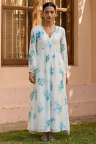 Ivory Handwoven Silk Modal Floral Printed Maxi Dress by Surmaye 