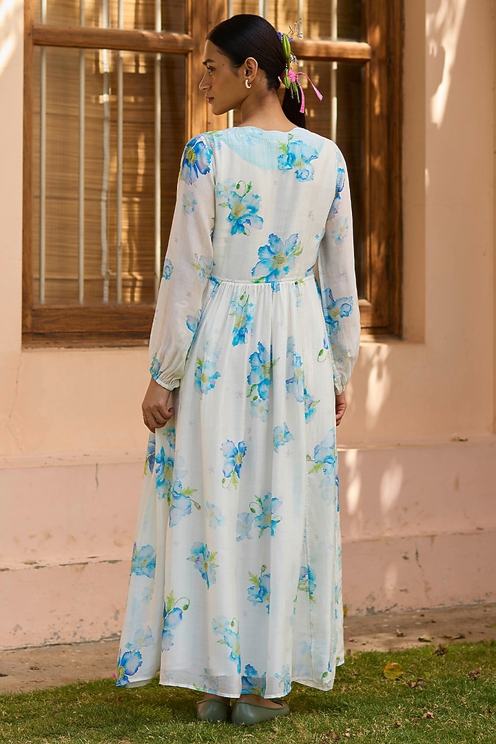 Ivory Handwoven Silk Modal Floral Printed Maxi Summer Dress by Surmaye  at Pernia's Pop Up Shop