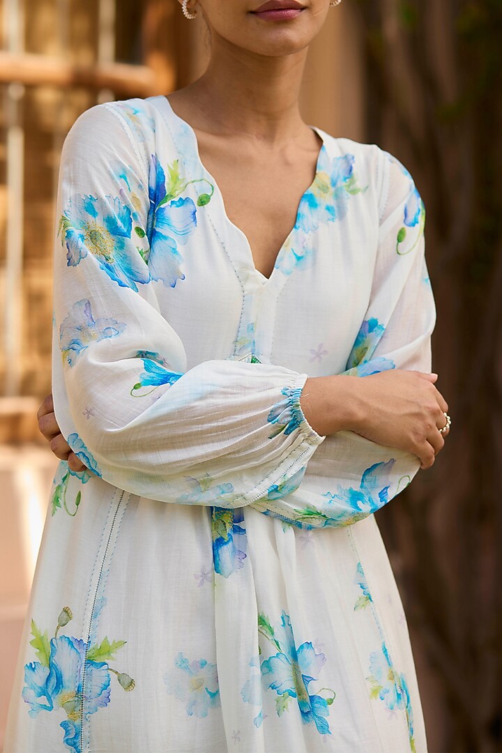 Ivory Handwoven Silk Modal Floral Printed Maxi Summer Dress by Surmaye  at Pernia's Pop Up Shop