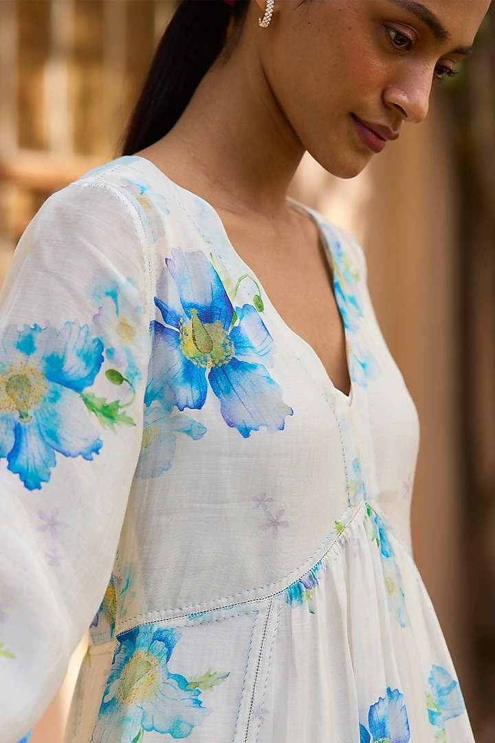 Ivory Handwoven Silk Modal Floral Printed Maxi Summer Dress by Surmaye  at Pernia's Pop Up Shop