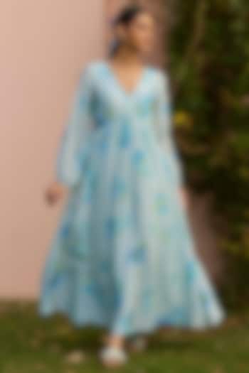 Blue Handwoven Silk Modal Floral Printed Maxi Summer Dress by Surmaye  at Pernia's Pop Up Shop