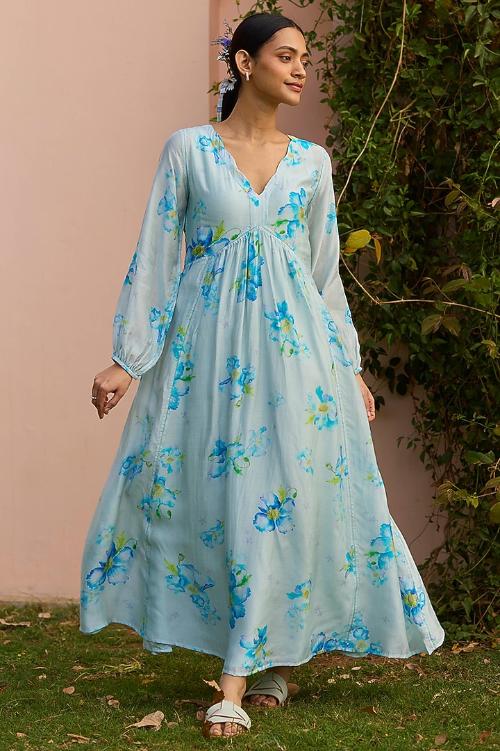 Blue Handwoven Silk Modal Floral Printed Maxi Summer Dress by Surmaye  at Pernia's Pop Up Shop