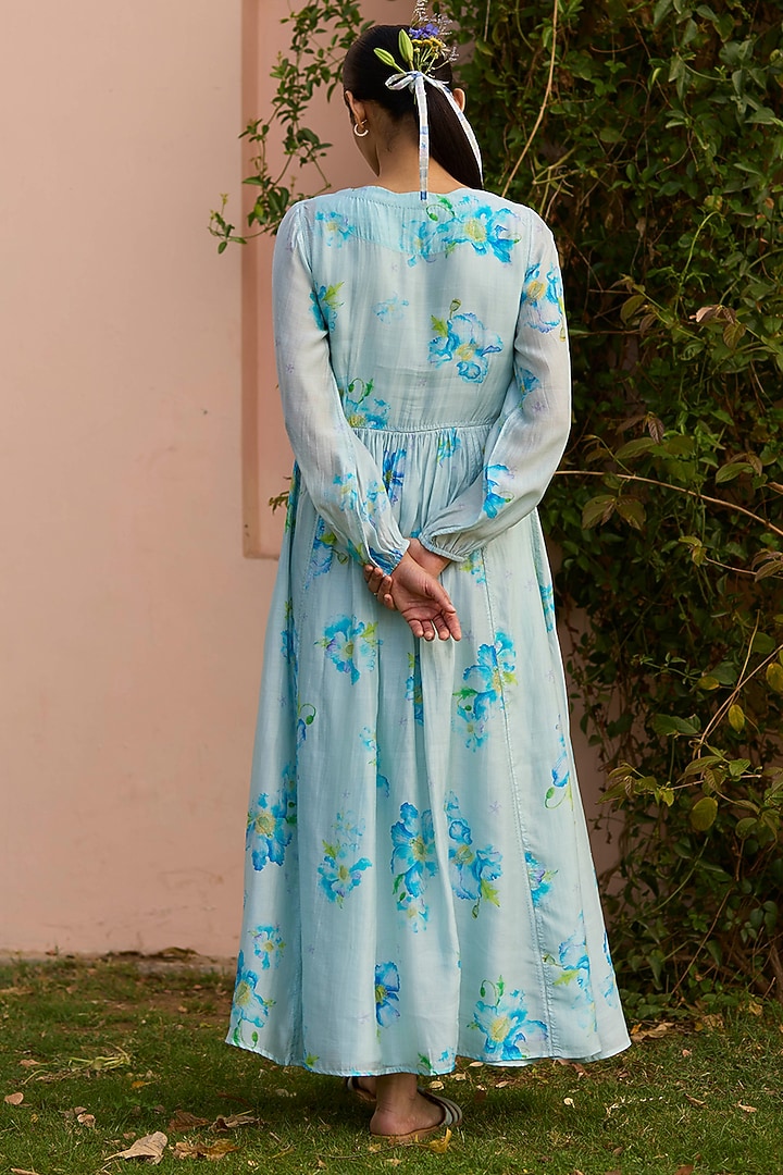 Blue Handwoven Silk Modal Floral Printed Maxi Summer Dress by Surmaye at Pernia's Pop Up Shop