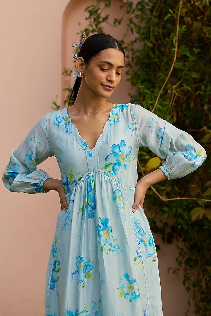 Blue Handwoven Silk Modal Floral Printed Maxi Summer Dress by Surmaye at Pernia's Pop Up Shop