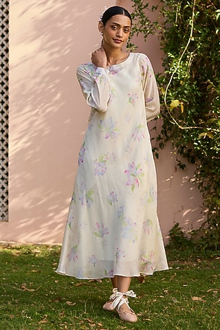 Beige Handwoven Silk Modal Hand Painted Maxi Dress by Surmaye 