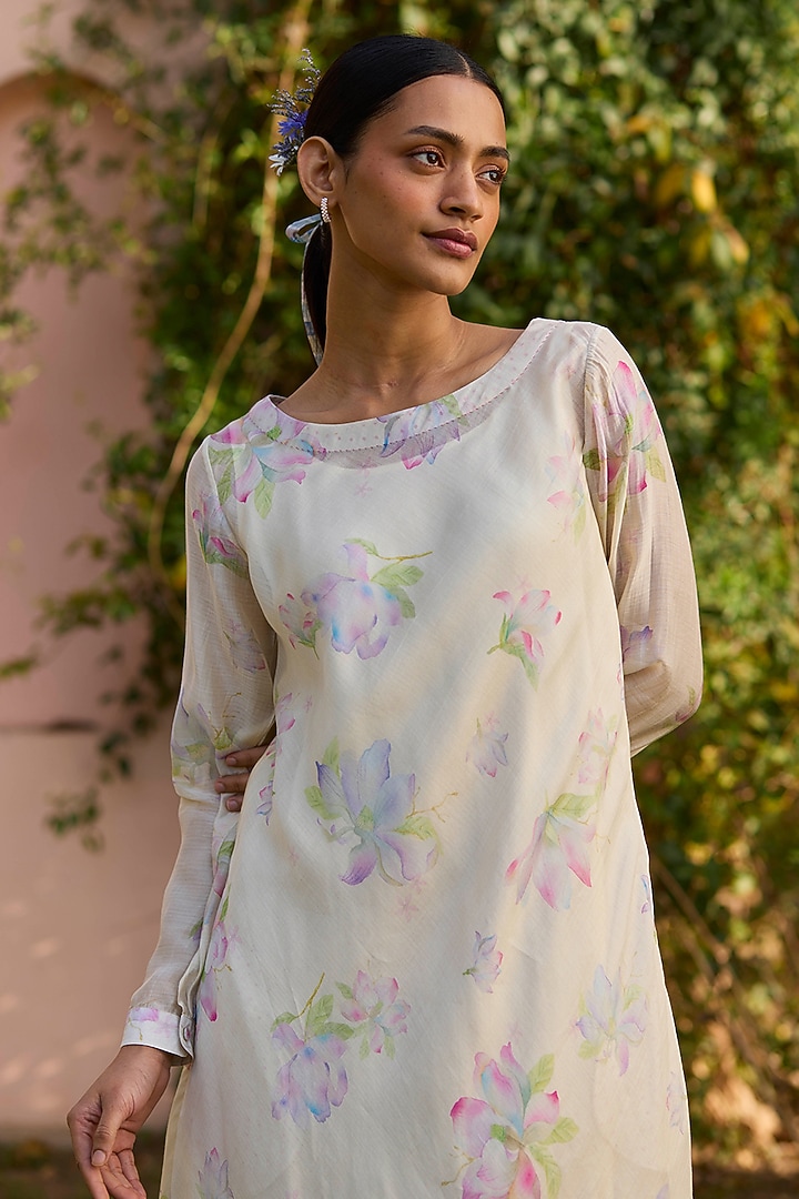 Beige Handwoven Silk Modal Hand Painted Maxi Summer Dress by Surmaye at Pernia's Pop Up Shop