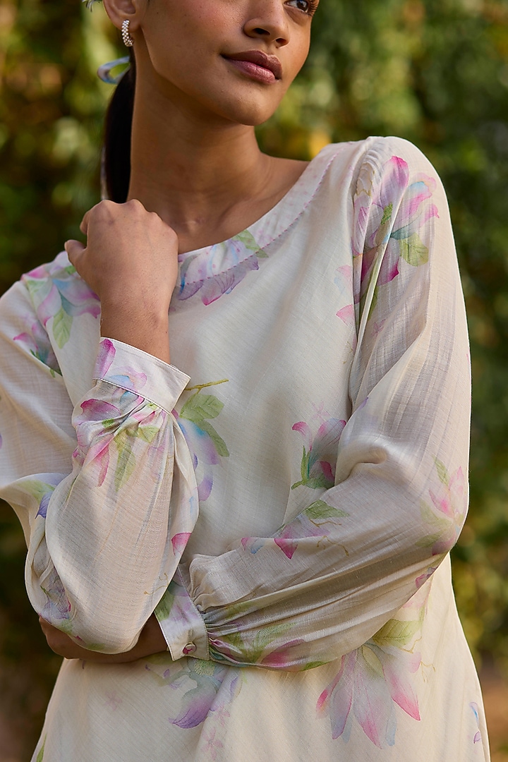 Beige Handwoven Silk Modal Hand Painted Maxi Summer Dress by Surmaye at Pernia's Pop Up Shop