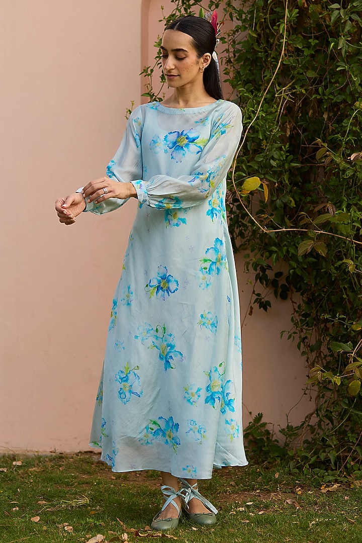 Blue Handwoven Silk Modal Hand Painted Maxi Summer Dress by Surmaye  at Pernia's Pop Up Shop