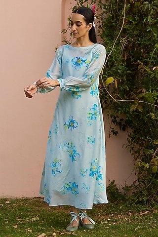 Blue Handwoven Silk Modal Hand Painted Maxi Dress by Surmaye 