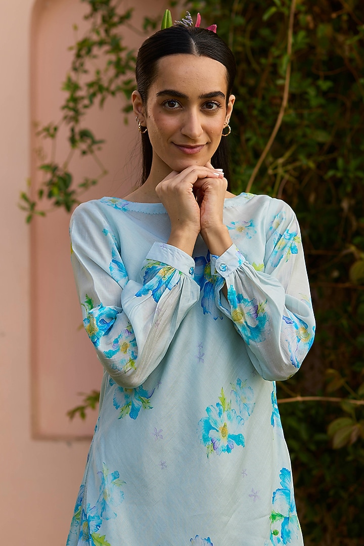Blue Handwoven Silk Modal Hand Painted Maxi Summer Dress by Surmaye at Pernia's Pop Up Shop