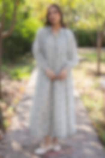 Beige Handwoven Fine Silk Khadi Floral Printed Midi Vacation Dress by Surmaye  at Pernia's Pop Up Shop