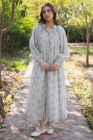 Beige Handwoven Fine Silk Khadi Floral Printed Midi Dress by Surmaye 