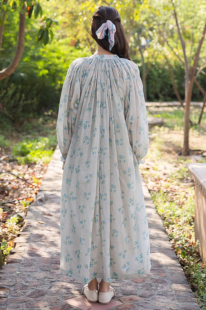 Beige Handwoven Fine Silk Khadi Floral Printed Midi Vacation Dress by Surmaye at Pernia's Pop Up Shop