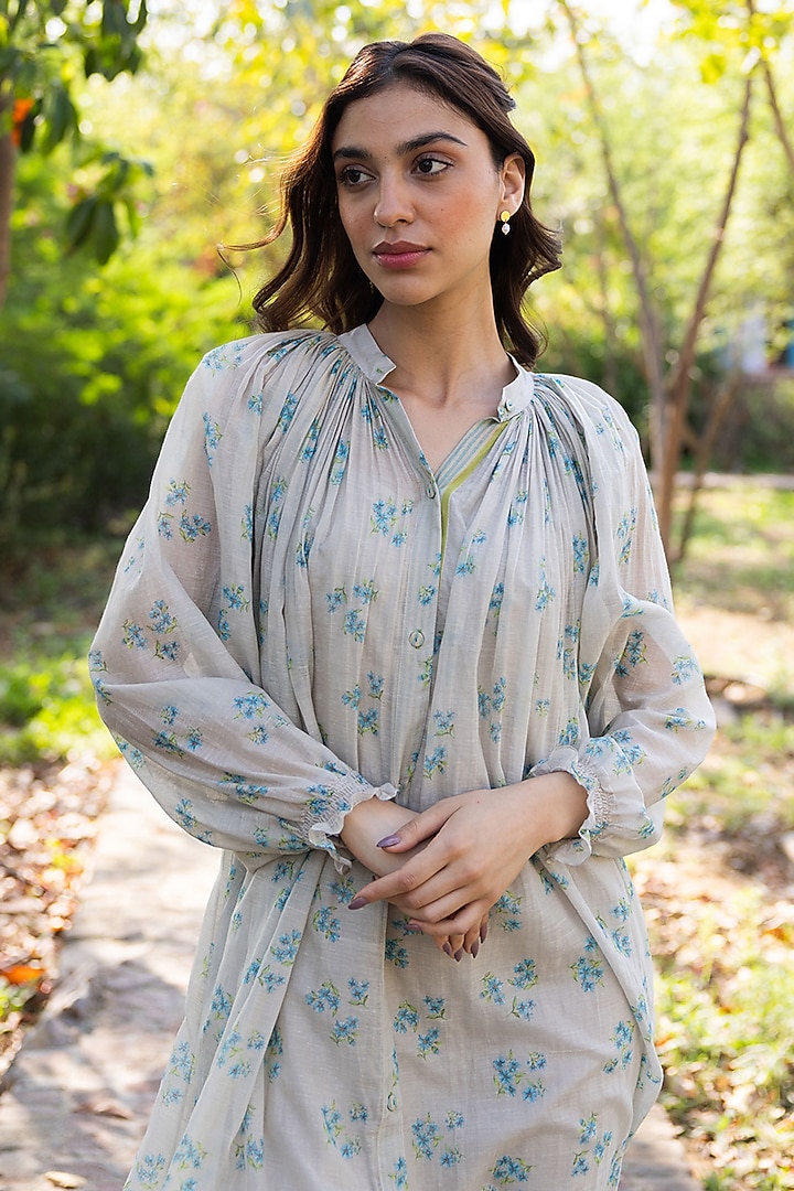 Beige Handwoven Fine Silk Khadi Floral Printed Midi Vacation Dress by Surmaye at Pernia's Pop Up Shop