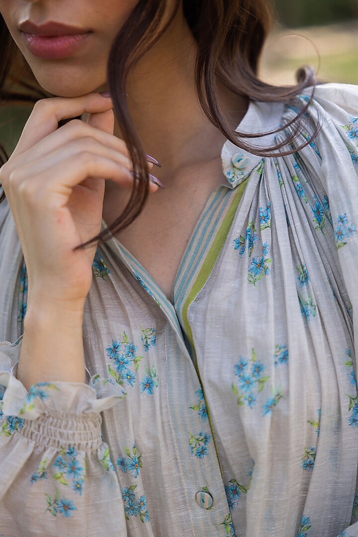 Beige Handwoven Fine Silk Khadi Floral Printed Midi Vacation Dress by Surmaye at Pernia's Pop Up Shop