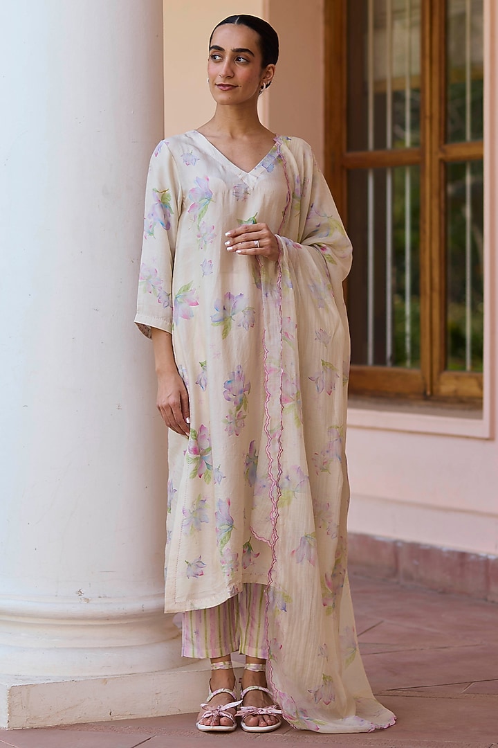 Beige Handwoven Mulberry Silk Floral Printed Kurta Set by Surmaye  at Pernia's Pop Up Shop