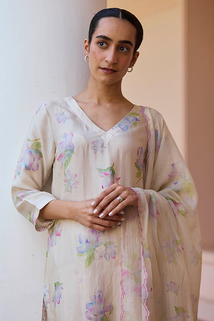 Beige Handwoven Mulberry Silk Floral Printed Kurta Set by Surmaye at Pernia's Pop Up Shop