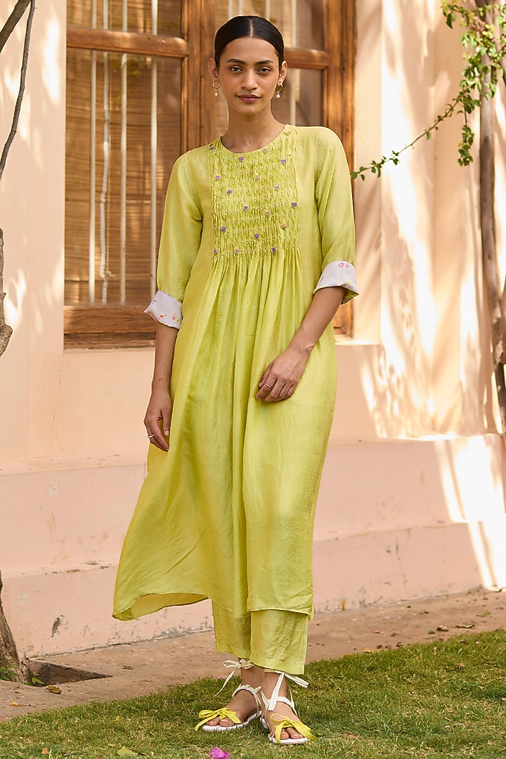 Lime Handwoven Mulberry Silk Beaded Floral Kurta Set by Surmaye  at Pernia's Pop Up Shop