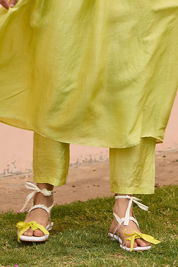 Lime Handwoven Mulberry Silk Beaded Floral Kurta Set by Surmaye  at Pernia's Pop Up Shop