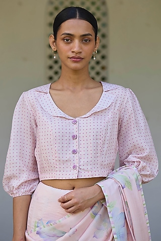 Pink Handwoven Mulberry Silk Dot Printed Blouse by Surmaye 