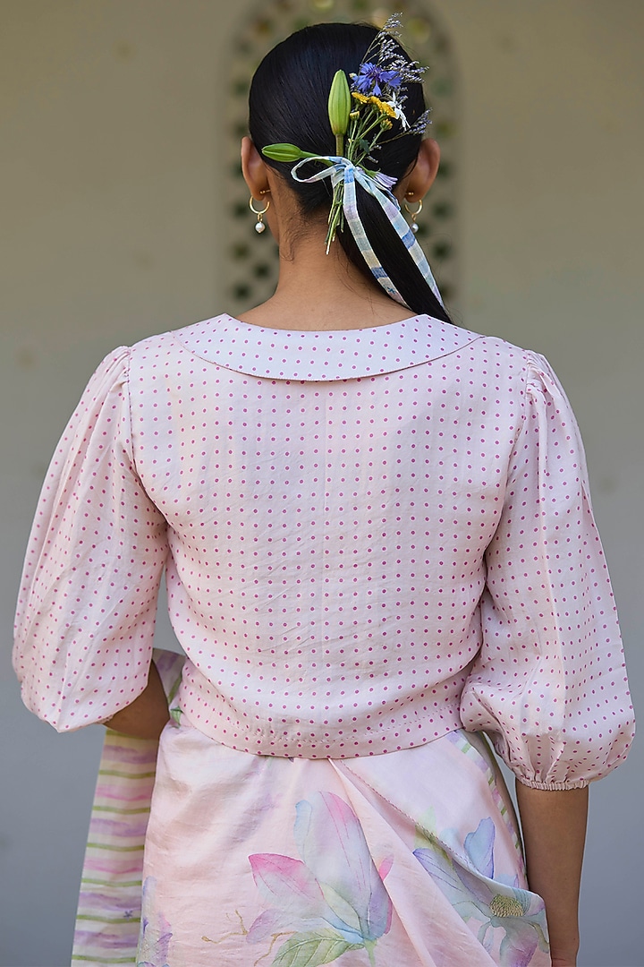 Pink Handwoven Mulberry Silk Dot Printed Blouse by Surmaye at Pernia's Pop Up Shop