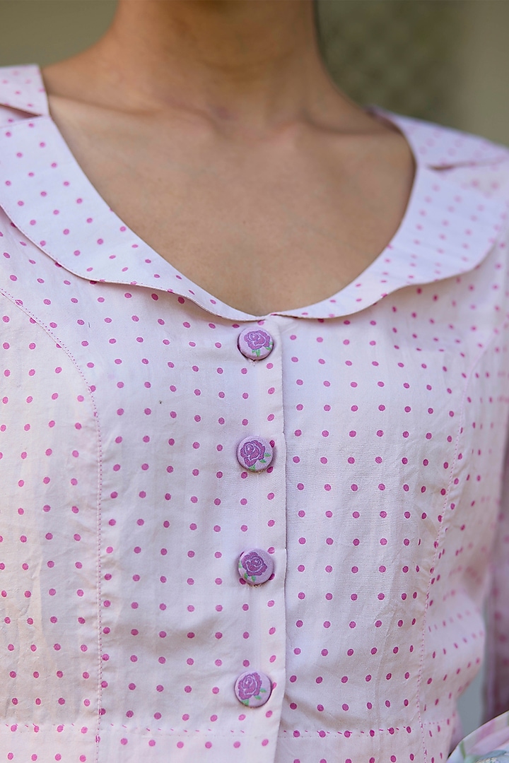 Pink Handwoven Mulberry Silk Dot Printed Blouse by Surmaye at Pernia's Pop Up Shop