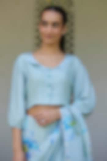 Blue Handwoven Mulberry Silk Dot Printed Blouse by Surmaye  at Pernia's Pop Up Shop