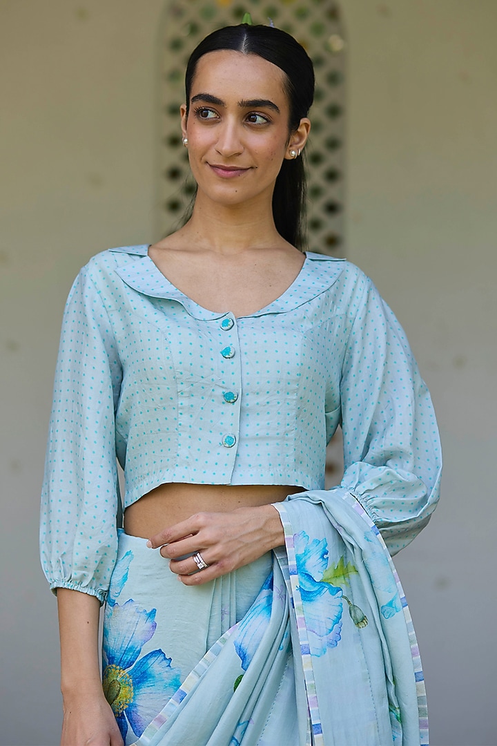 Blue Handwoven Mulberry Silk Dot Printed Blouse by Surmaye  at Pernia's Pop Up Shop
