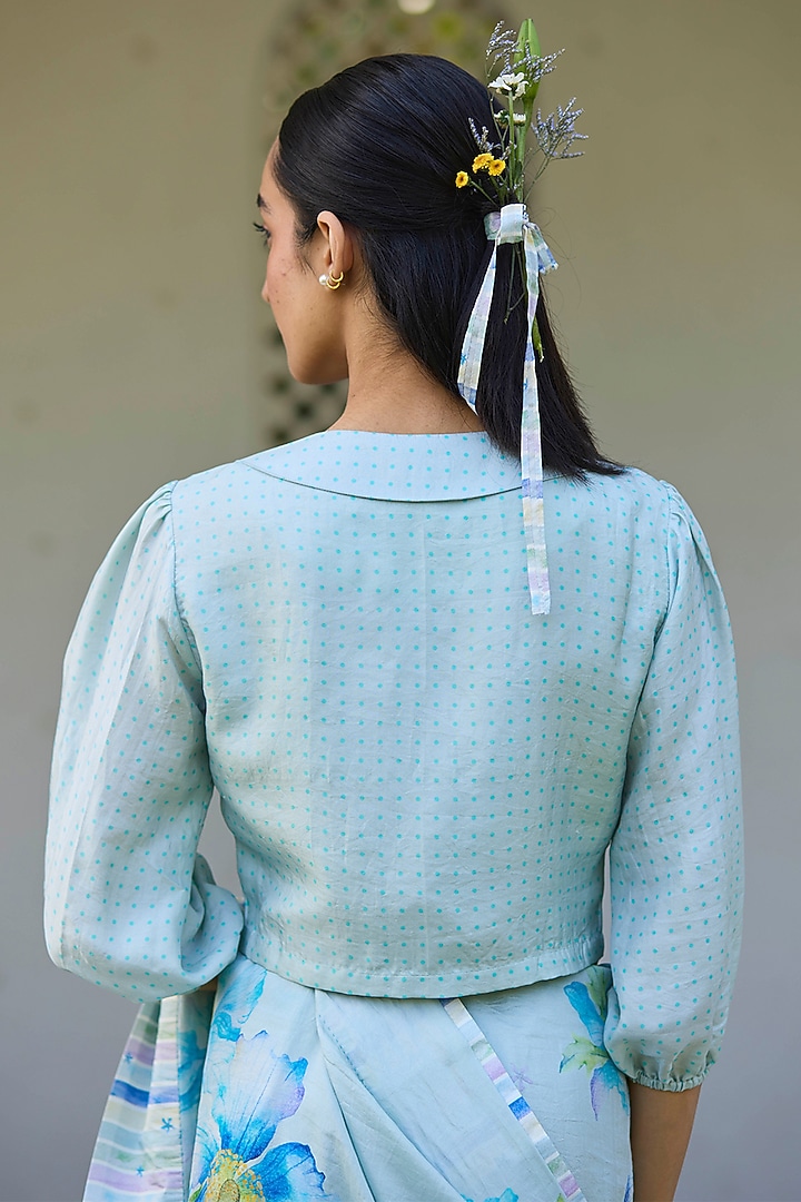 Blue Handwoven Mulberry Silk Dot Printed Blouse by Surmaye at Pernia's Pop Up Shop