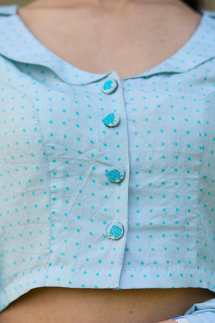 Blue Handwoven Mulberry Silk Dot Printed Blouse by Surmaye at Pernia's Pop Up Shop