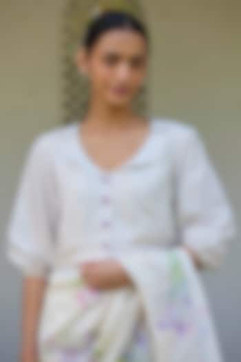 Beige Handwoven Mulberry Silk Dot Printed Blouse by Surmaye  at Pernia's Pop Up Shop