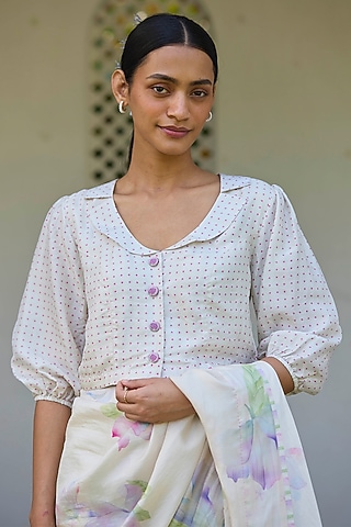 Beige Handwoven Mulberry Silk Dot Printed Blouse by Surmaye 