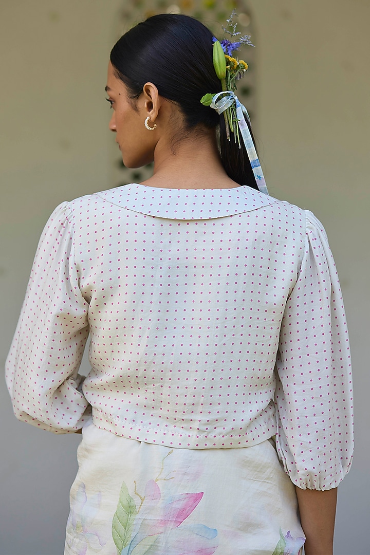 Beige Handwoven Mulberry Silk Dot Printed Blouse by Surmaye at Pernia's Pop Up Shop