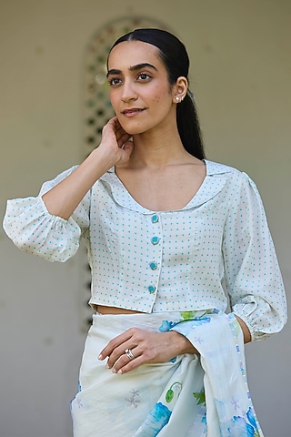 White Handwoven Mulberry Silk Dot Printed Blouse by Surmaye 