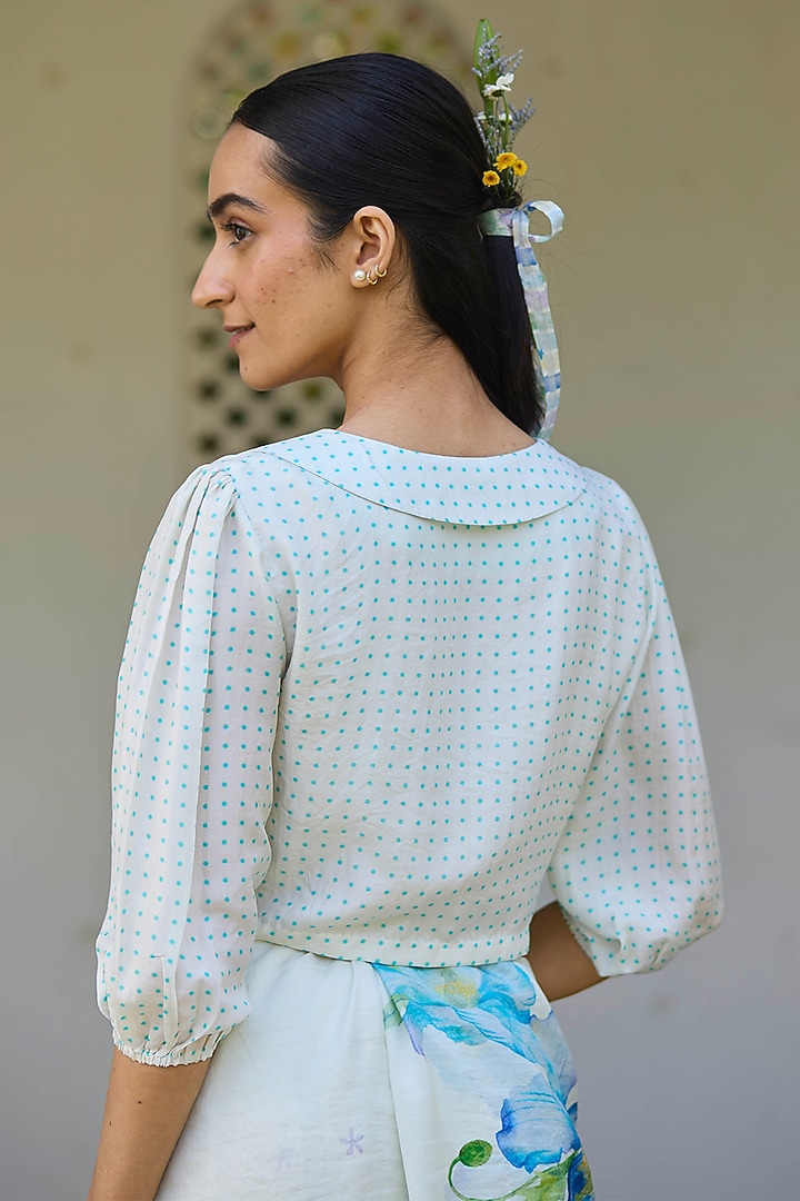 White Handwoven Mulberry Silk Dot Printed Blouse by Surmaye at Pernia's Pop Up Shop