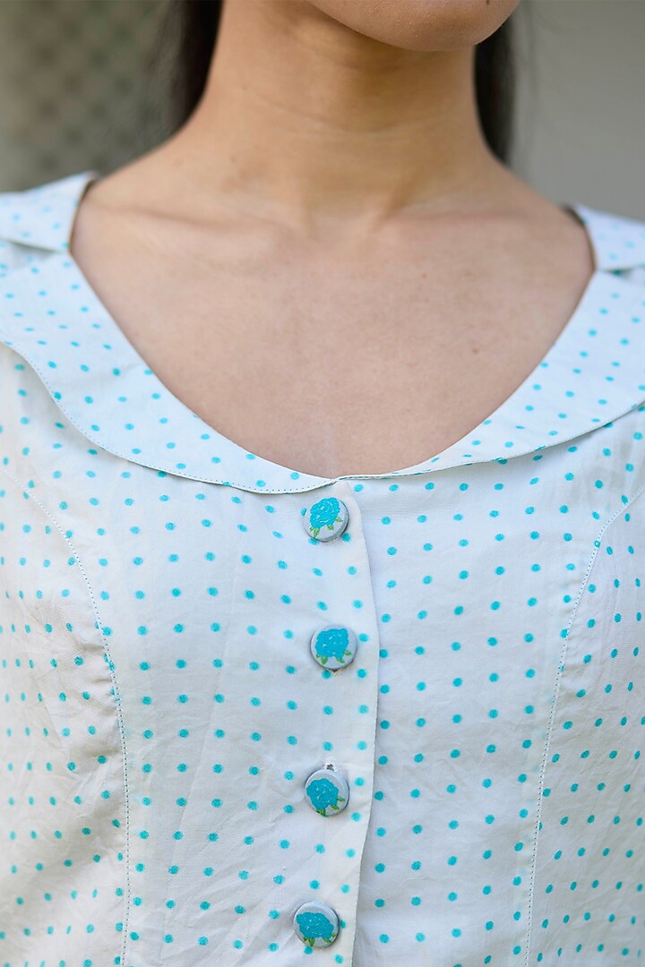 White Handwoven Mulberry Silk Dot Printed Blouse by Surmaye at Pernia's Pop Up Shop