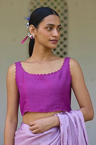 Pink Handwoven Mulberry Silk Cutwork Blouse by Surmaye 