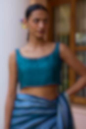 Blue Handwoven Mulberry Silk Cutwork Blouse by Surmaye  at Pernia's Pop Up Shop