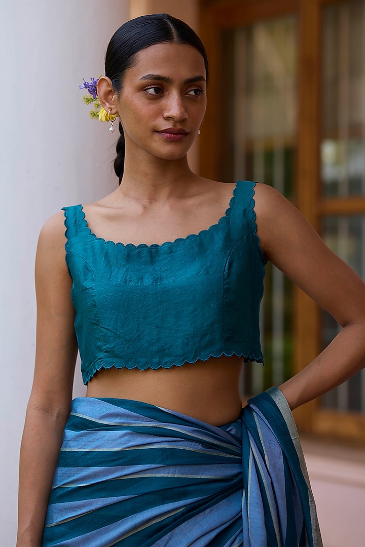Blue Handwoven Mulberry Silk Cutwork Blouse by Surmaye  at Pernia's Pop Up Shop