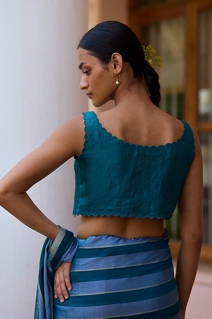 Blue Handwoven Mulberry Silk Cutwork Blouse by Surmaye at Pernia's Pop Up Shop