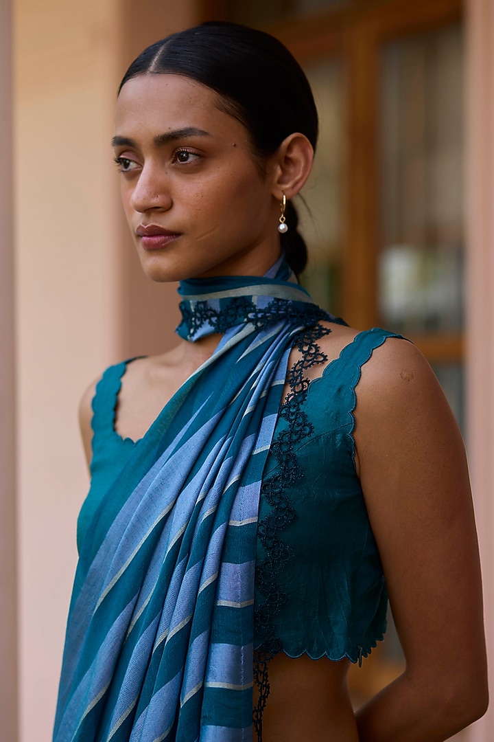 Blue Handwoven Mulberry Silk Cutwork Blouse by Surmaye at Pernia's Pop Up Shop