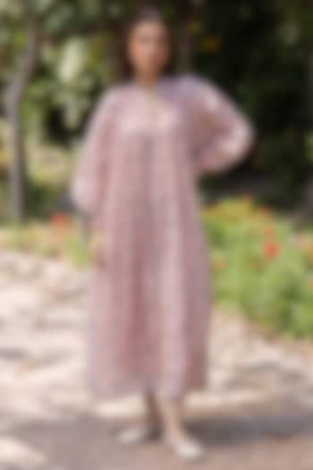 Pink Handwoven Fine Silk Khadi Floral Printed Midi Vacation Dress by Surmaye  at Pernia's Pop Up Shop