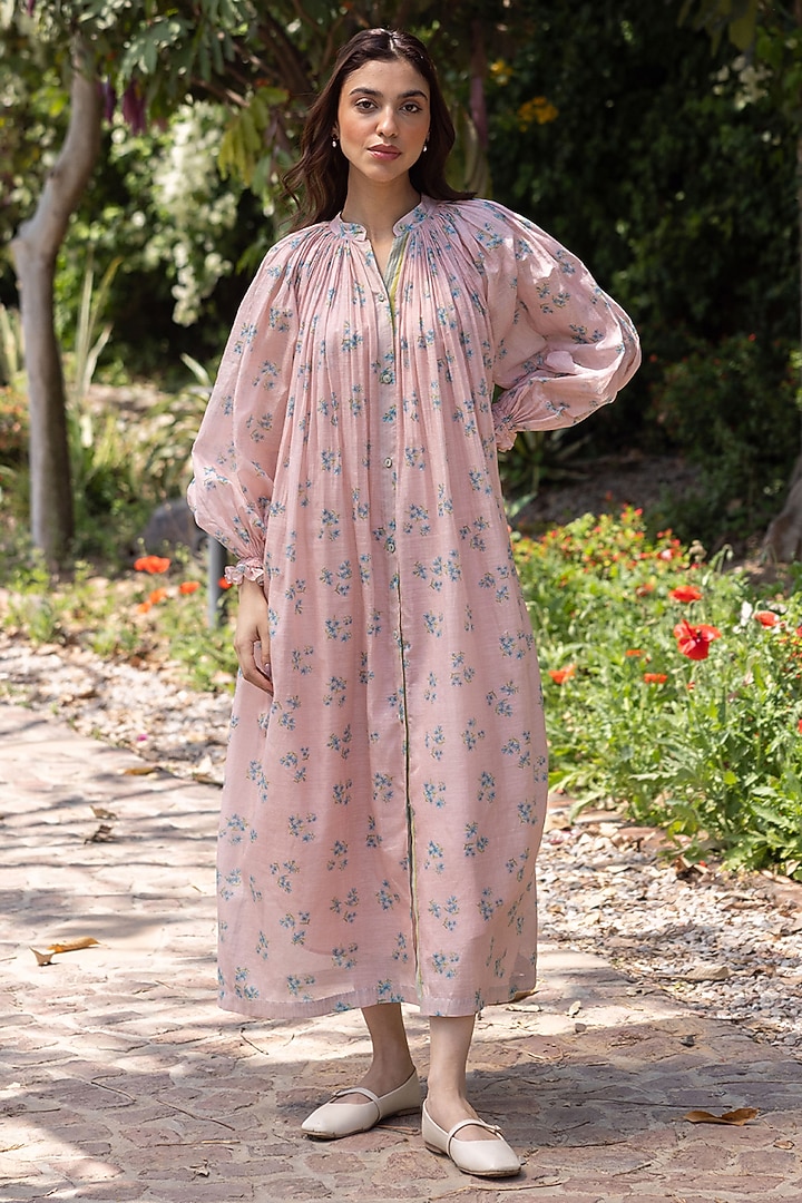 Pink Handwoven Fine Silk Khadi Floral Printed Midi Vacation Dress by Surmaye  at Pernia's Pop Up Shop