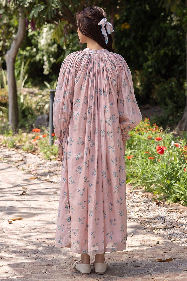 Pink Handwoven Fine Silk Khadi Floral Printed Midi Vacation Dress by Surmaye at Pernia's Pop Up Shop