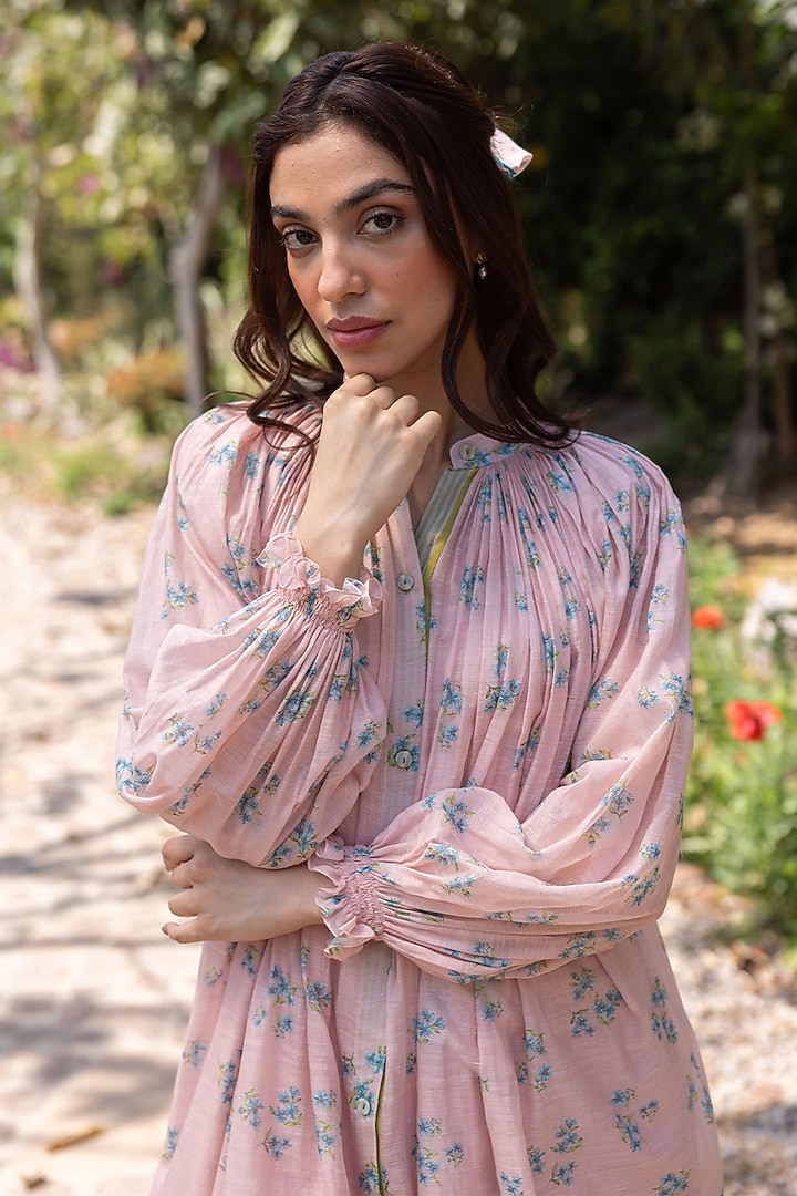 Pink Handwoven Fine Silk Khadi Floral Printed Midi Vacation Dress by Surmaye at Pernia's Pop Up Shop