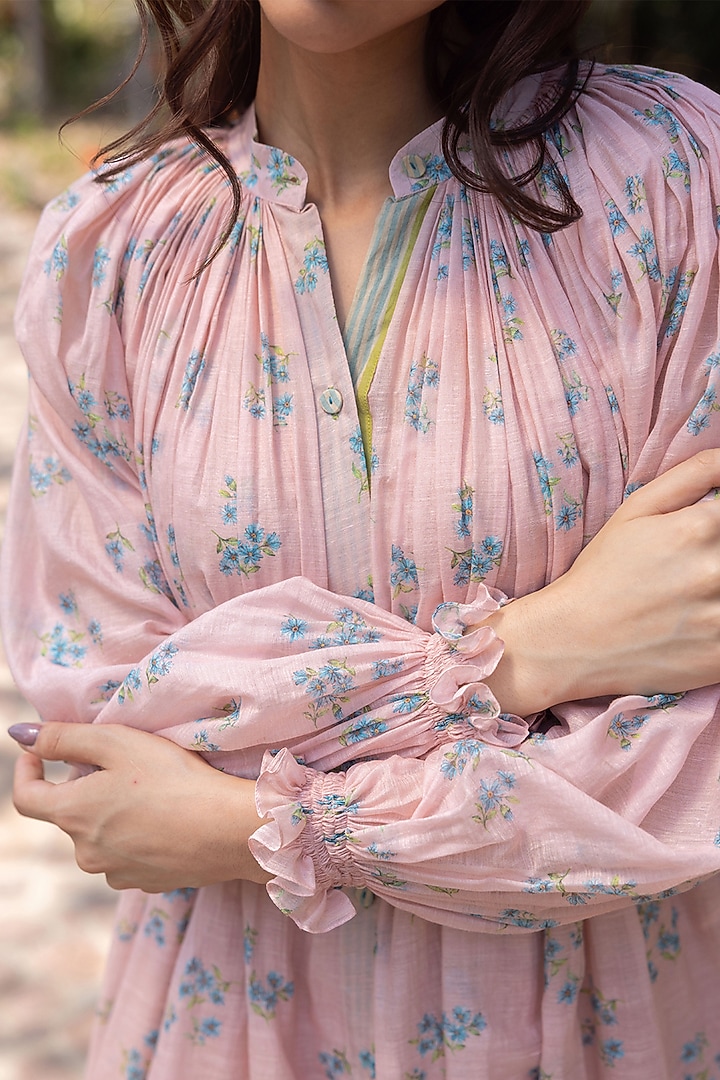 Pink Handwoven Fine Silk Khadi Floral Printed Midi Vacation Dress by Surmaye at Pernia's Pop Up Shop