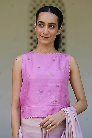 Pink Handwoven Mulberry Silk Cutwork Blouse by Surmaye 