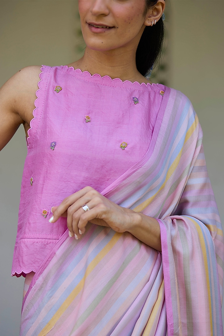 Pink Handwoven Mulberry Silk Cutwork Blouse by Surmaye at Pernia's Pop Up Shop